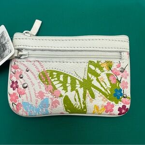 Fossil Mariposa Zip Coin Purse Pouch Leather Floral Butterfly Ivory Keychain